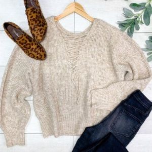 NWT Hem & Thread Sweater Criss Cross Back Detailed Knit Cream | Boho Minimalist